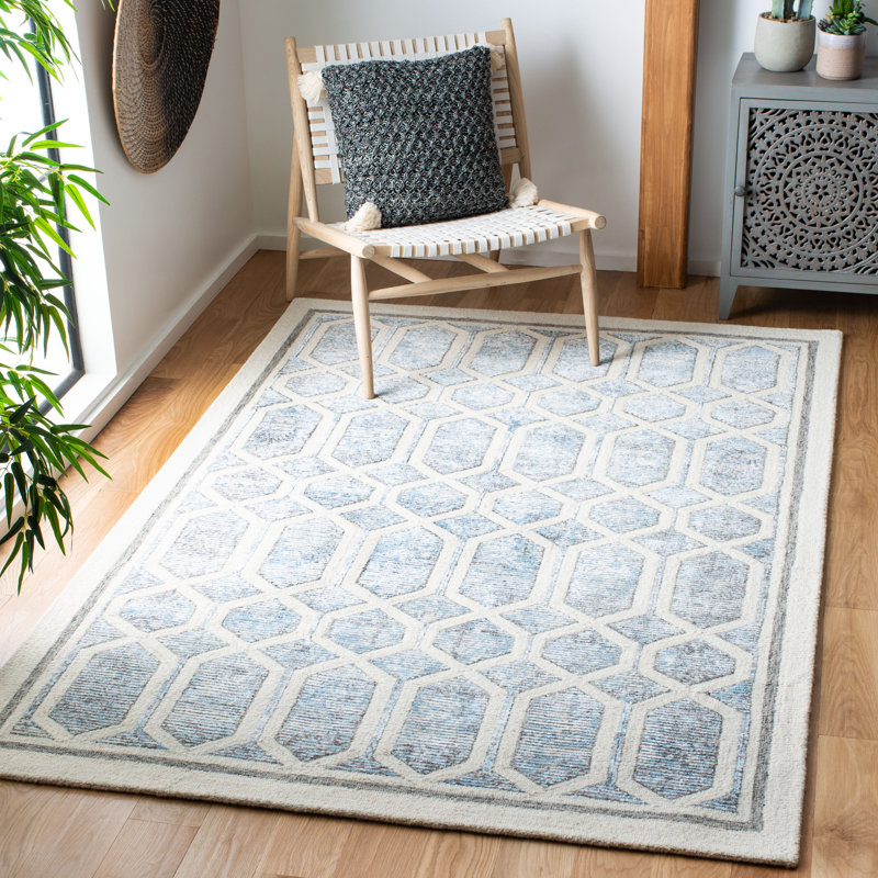 Sand & Stable Monhegan Geometric Handmade Tufted Ivory/Blue Area Rug